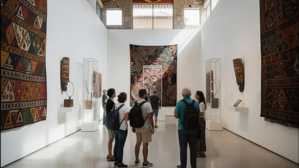 Travelers observing local artwork in a contemporary gallery space with traditional elements