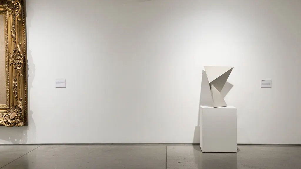 Gallery interior showing contrast between ornate Victorian painting and minimalist mid-century modern art piece side by side