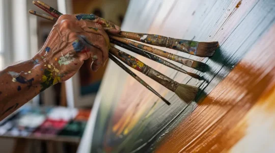 Artist's hand holding various brushes creating expressive strokes on canvas