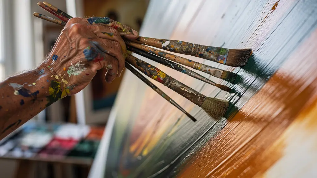 Artist's hand holding various brushes creating expressive strokes on canvas