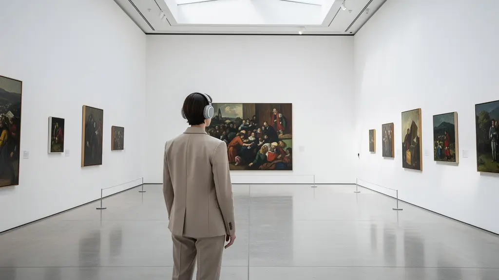 Museum visitor with headphones viewing artwork in contemplative silence