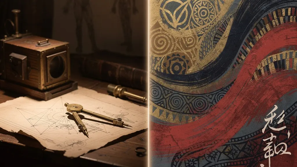 Split composition showing Renaissance perspective drawing tools alongside abstract geometric forms representing the divergent paths of Western and non-Western artistic traditions