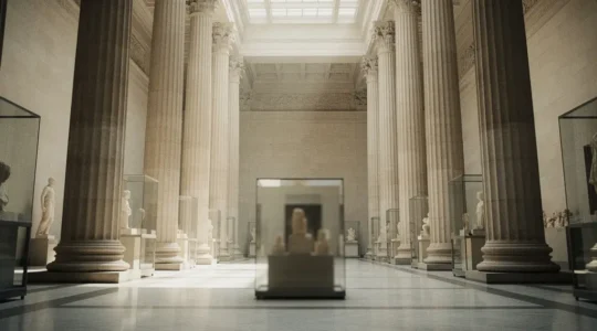 Museum hall with contested artifacts displayed in glass cases with soft dramatic lighting
