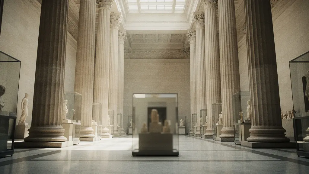 Museum hall with contested artifacts displayed in glass cases with soft dramatic lighting