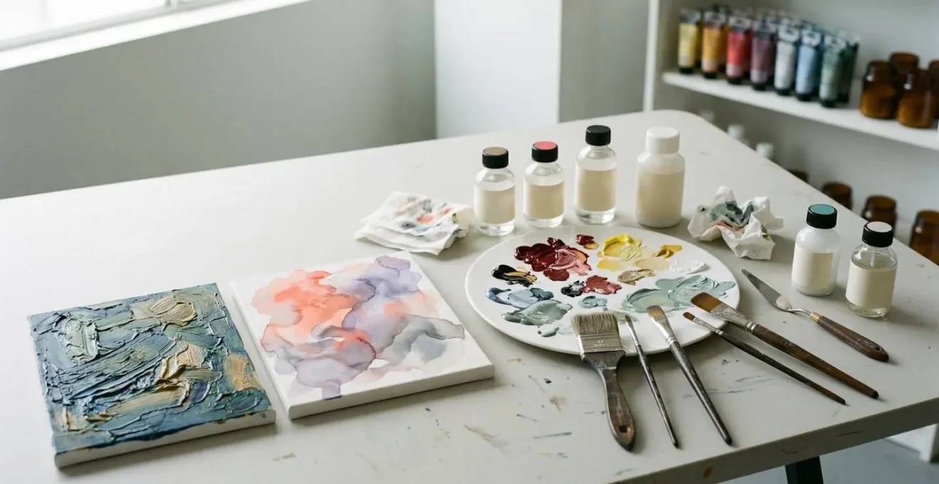 Professional artist workspace showing acrylic paints with varied textures and techniques creating oil-like and watercolor effects