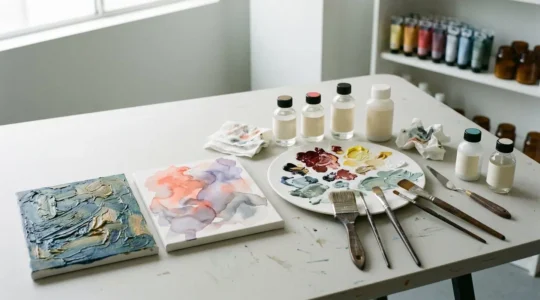 Professional artist workspace showing acrylic paints with varied textures and techniques creating oil-like and watercolor effects