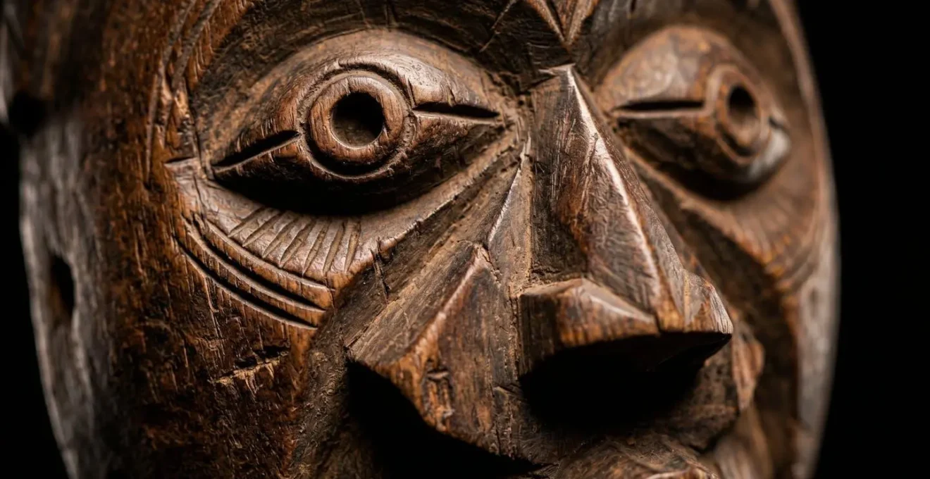 Dramatically lit African ceremonial masks displaying geometric facial planes carved wood textures and spiritual intensity