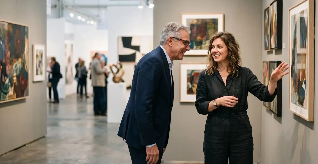 Independent artist engaging with potential collector at professionally designed art fair booth