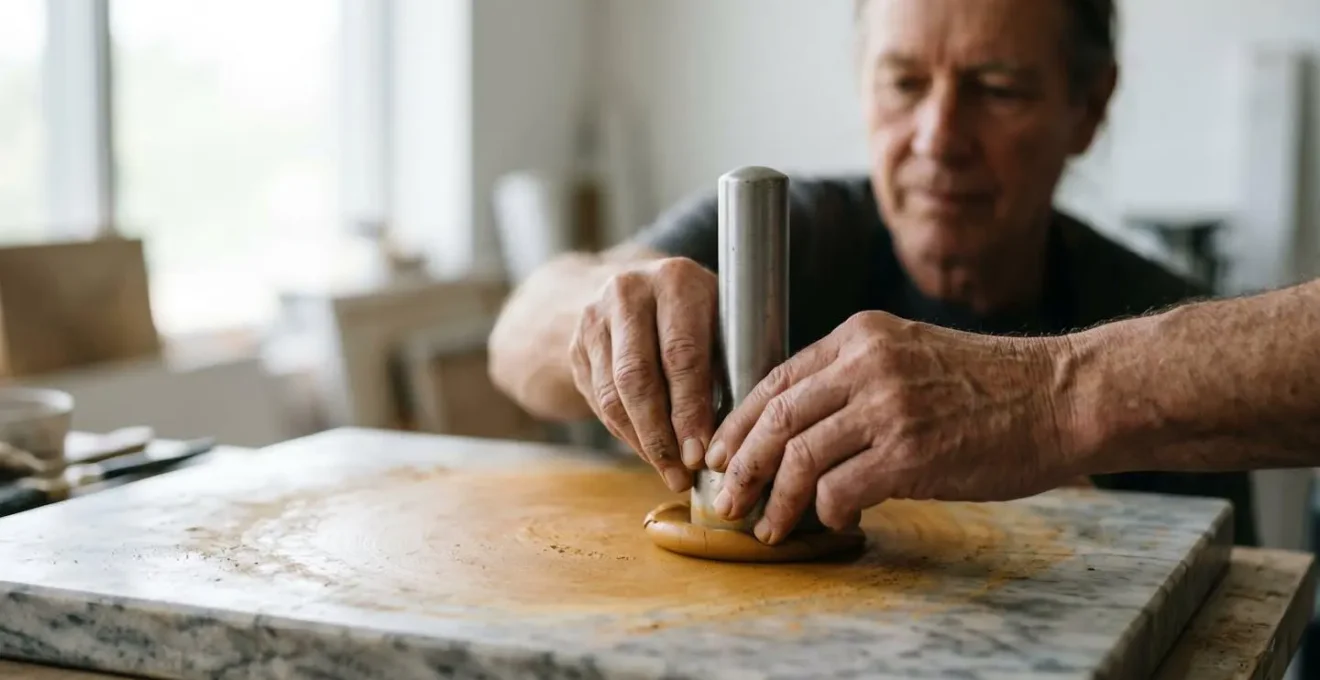 Artist's hands methodically grinding earth pigment on marble slab in natural window light