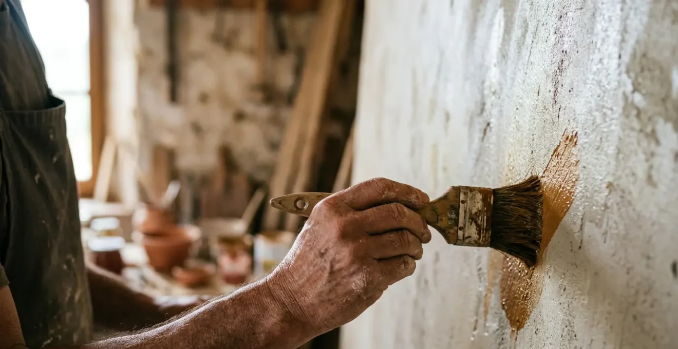 Close-up of an artist's hand applying pigment to fresh lime plaster during buon fresco painting