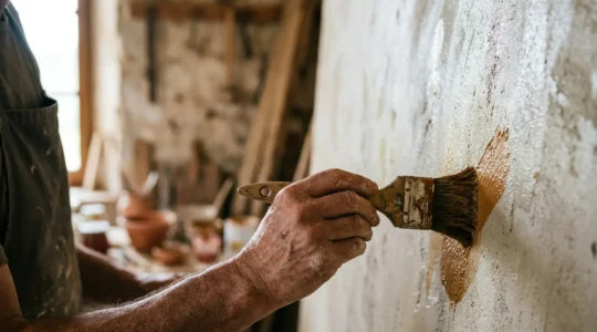 Close-up of an artist's hand applying pigment to fresh lime plaster during buon fresco painting