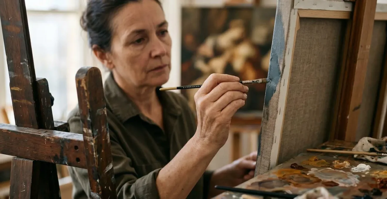 Artist carefully observing and replicating brushwork detail from classical painting reproduction