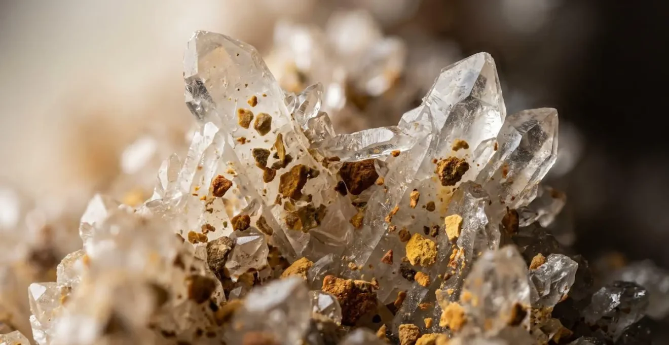 Extreme macro view of calcite crystal structure forming around mineral pigment particles in lime plaster