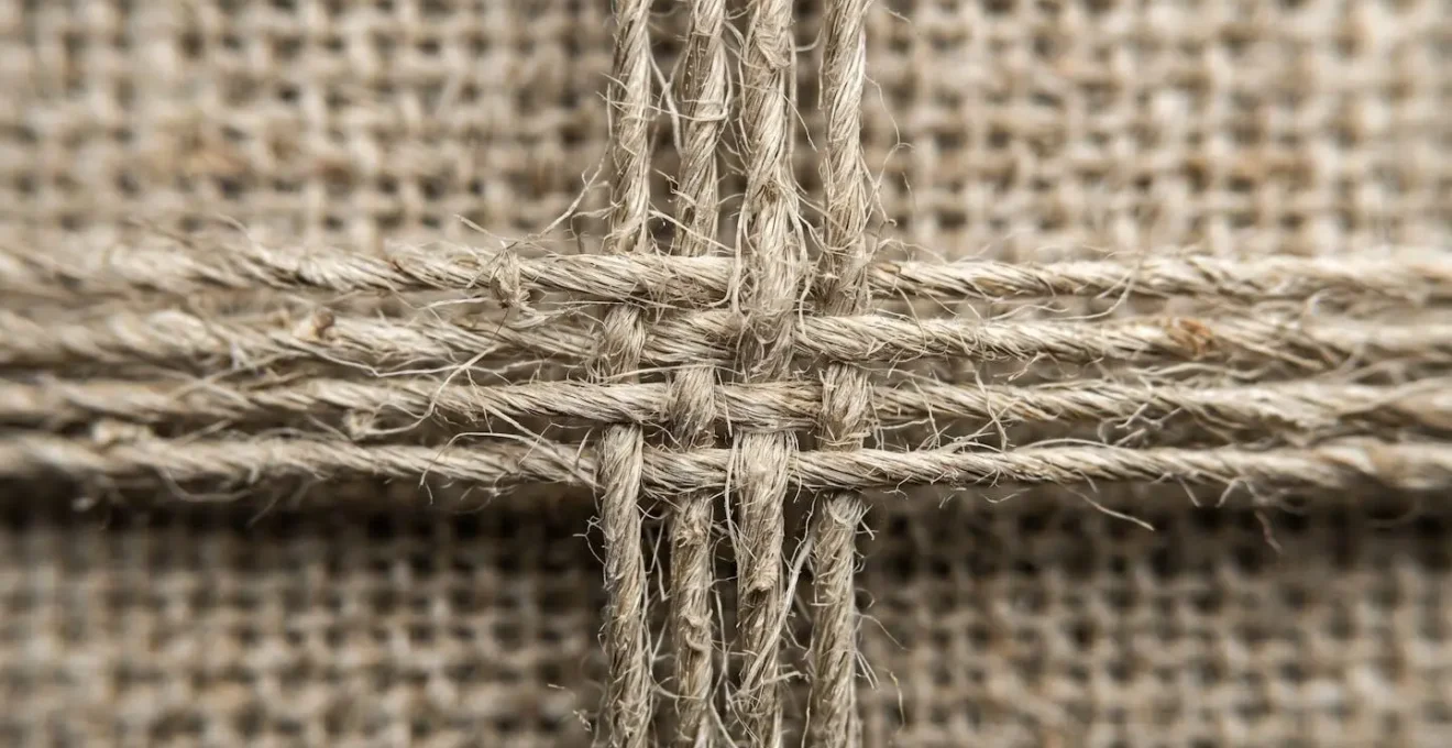 Extreme close-up of aged canvas weave showing stress points at fiber intersections