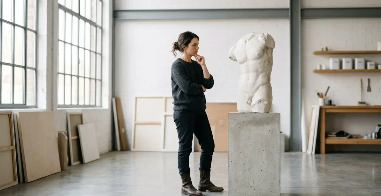 Contemporary artist contemplating classical plaster cast in modern studio setting