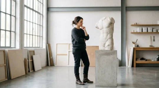 Contemporary artist contemplating classical plaster cast in modern studio setting