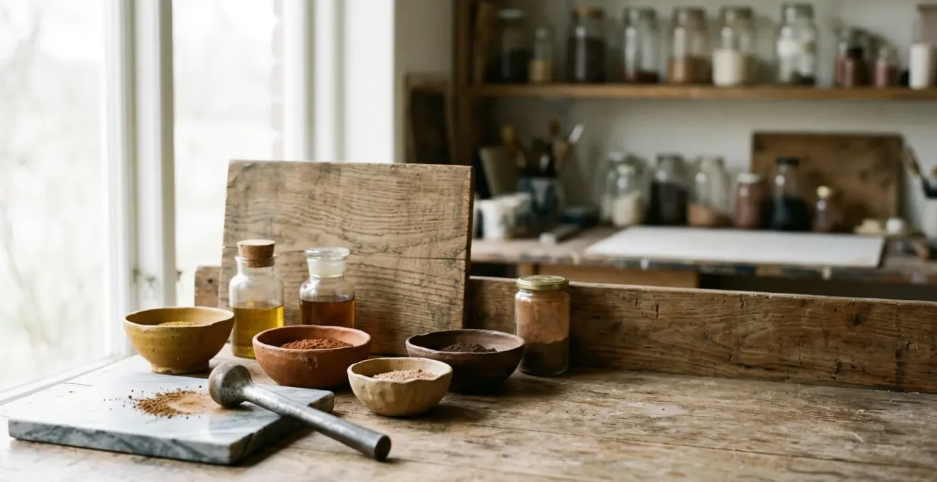 Artist's hand grinding natural earth pigments on marble slab with muller in traditional studio setting
