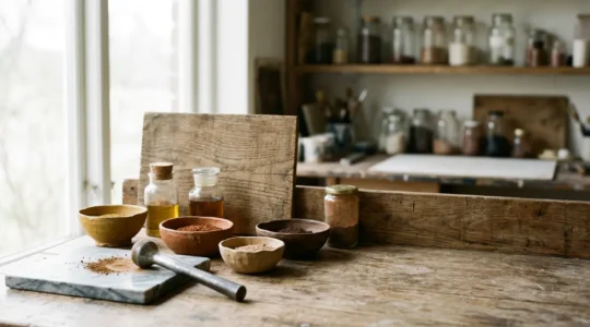 Artist's hand grinding natural earth pigments on marble slab with muller in traditional studio setting