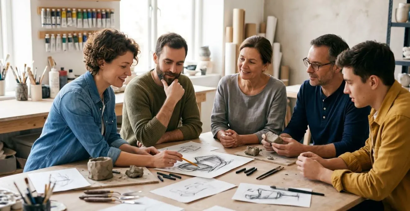 A group of diverse creative professionals gathered in a circular formation, engaged in animated discussion over sketches and materials, with warm collaborative energy and natural gestures