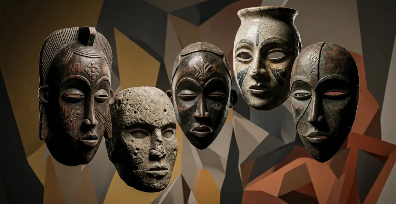 Five fragmented female figures with mask-like faces confronting the viewer in angular geometric planes against sharp crystalline background