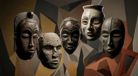 Five fragmented female figures with mask-like faces confronting the viewer in angular geometric planes against sharp crystalline background