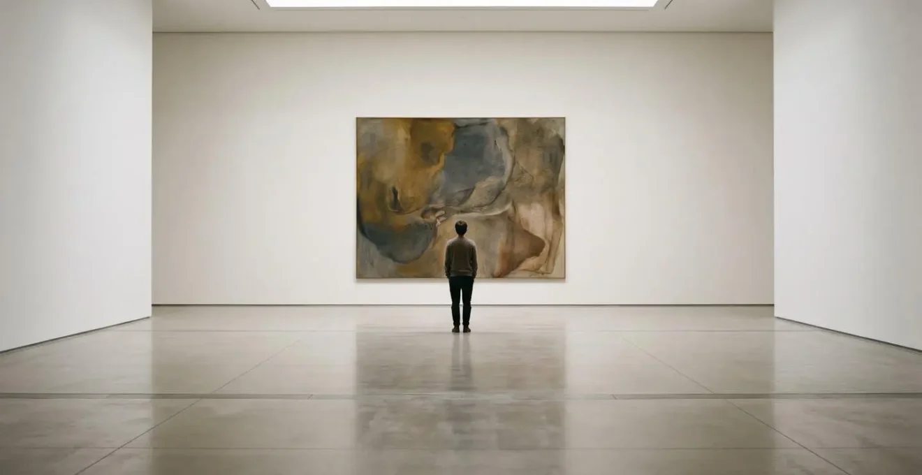 Environmental minimalist photograph of a solitary figure contemplating artwork in spacious museum gallery with dramatic natural lighting
