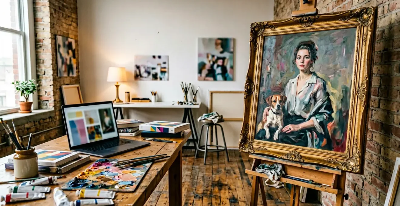 A contemporary artist working on a historical art reinterpretation in a modern studio setting