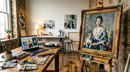 A contemporary artist working on a historical art reinterpretation in a modern studio setting