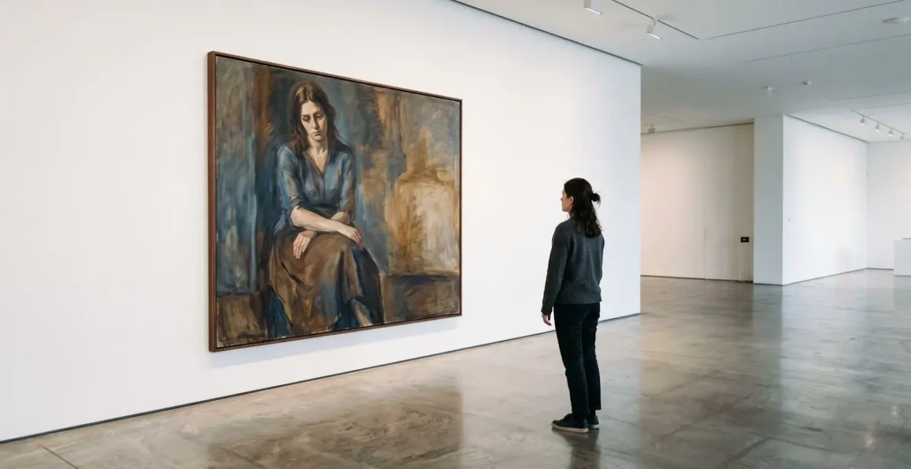 Gallery visitor contemplating large figurative painting in minimalist contemporary exhibition space