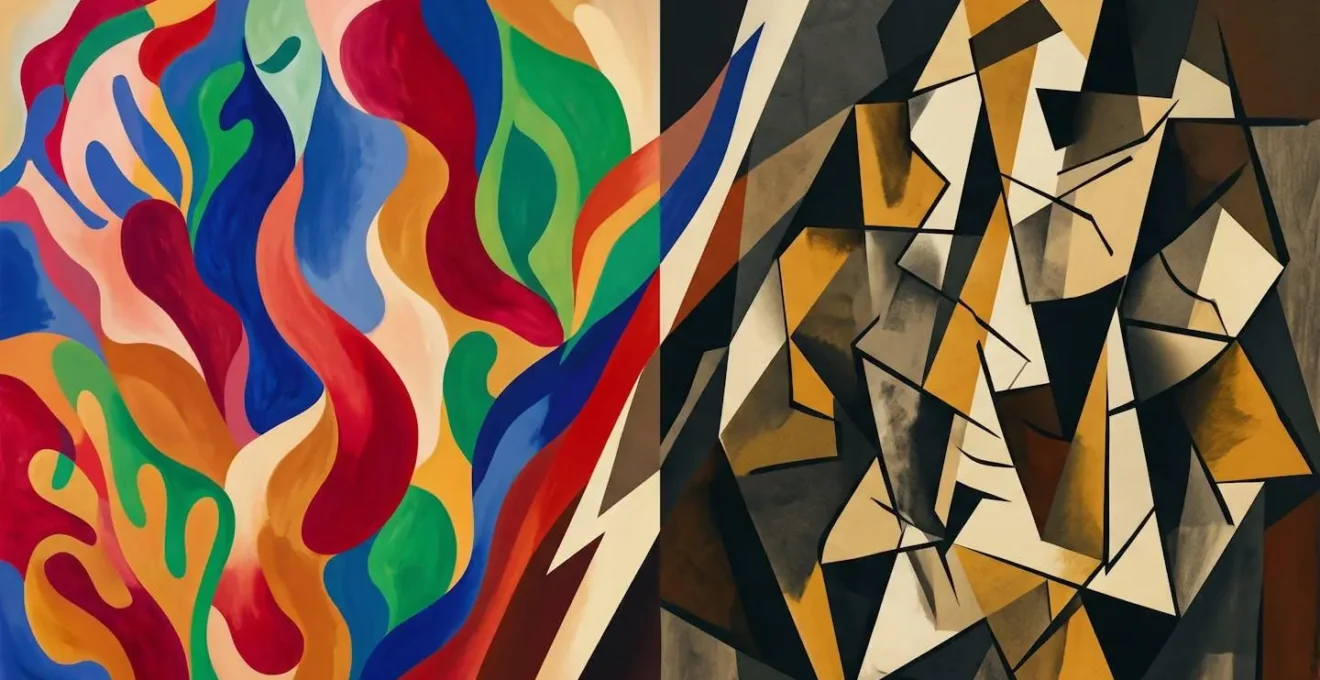 Two distinct artistic approaches represented through contrasting color palettes and geometric forms in dynamic tension