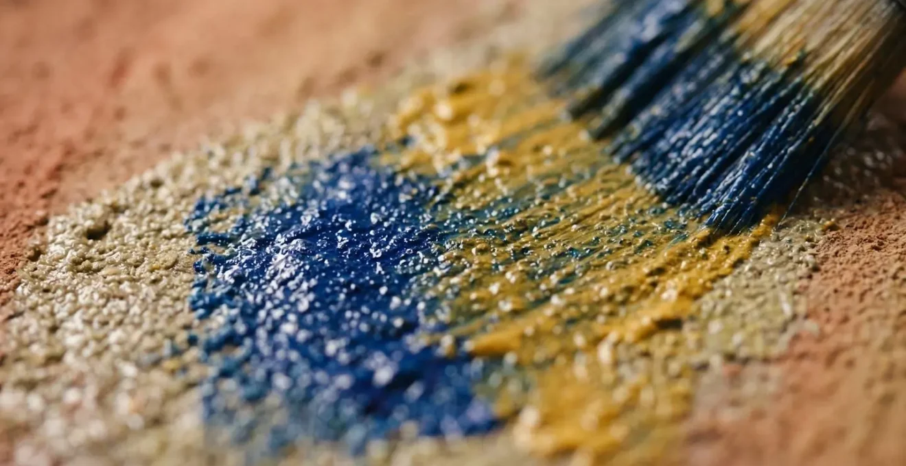 Close-up macro detail of fresco plaster texture showing layered paint application technique used in historical murals