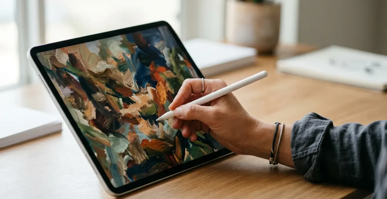 Close-up of digital artist's hand creating textured brushstrokes on tablet screen with natural painting feel