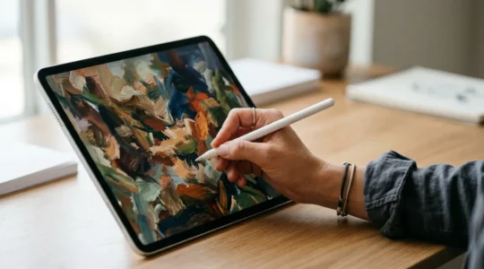 Close-up of digital artist's hand creating textured brushstrokes on tablet screen with natural painting feel