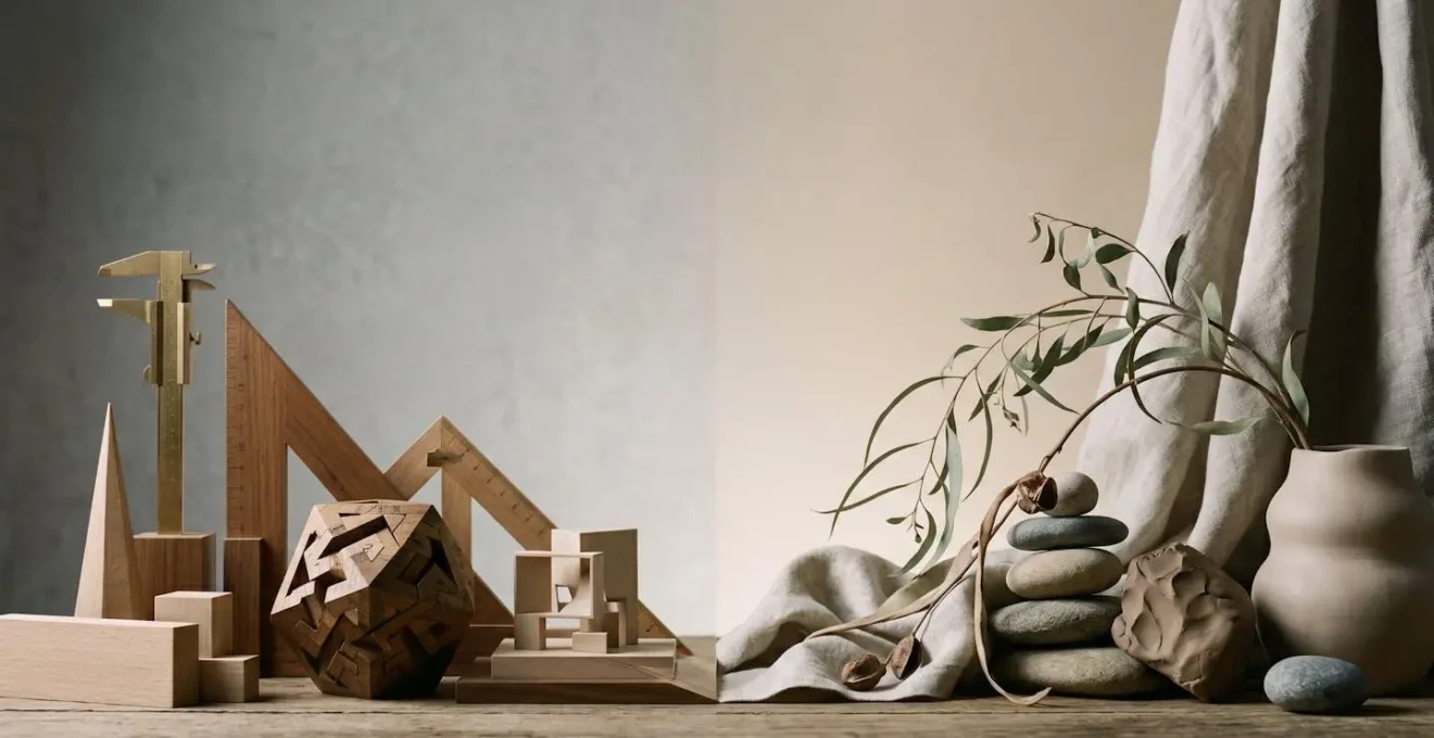 Symbolic split composition showing structured geometric forms transitioning into organic flowing shapes
