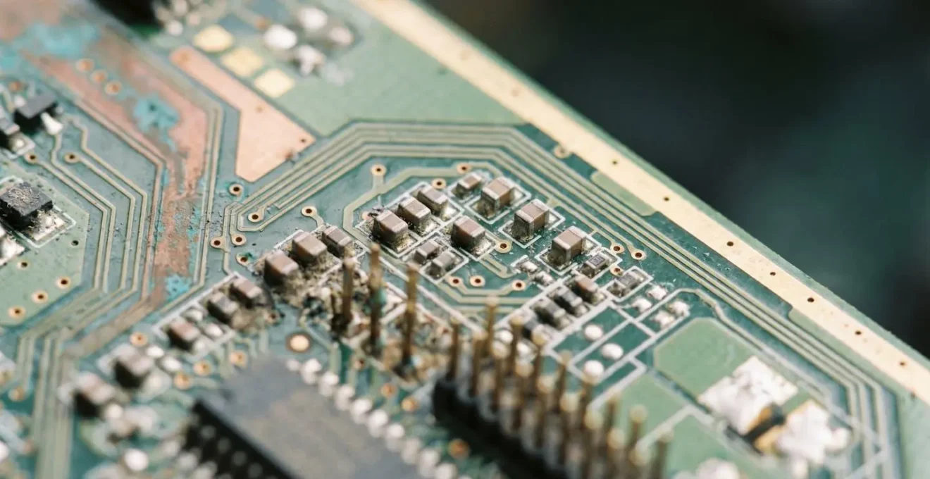 Close-up of discarded electronic circuit boards and hardware components representing the physical e-waste of crypto art.