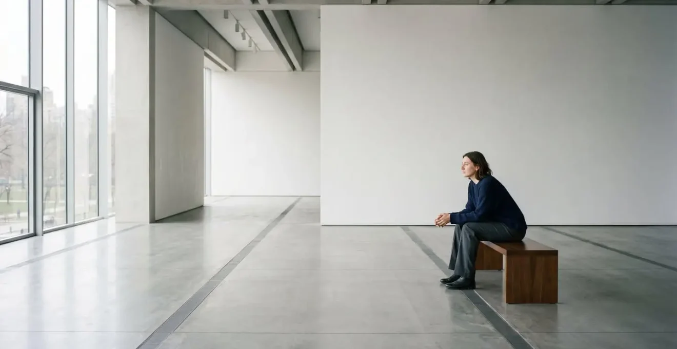 Wide cinematic scene showing figure positioned using classical compositional principles in contemporary setting
