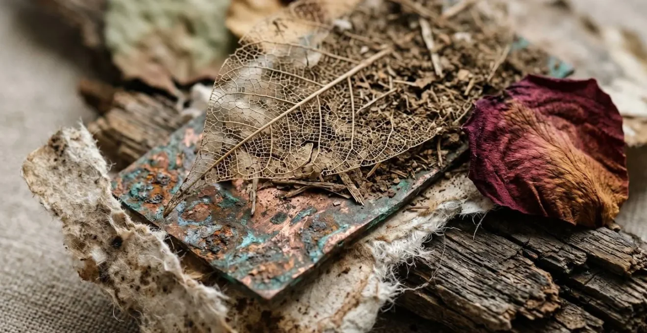 Organic materials naturally decomposing in a controlled gallery environment showing the passage of time