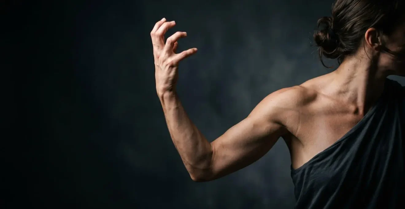 Close-up of a dancer's hand and shoulder expressing intense emotion through gesture alone