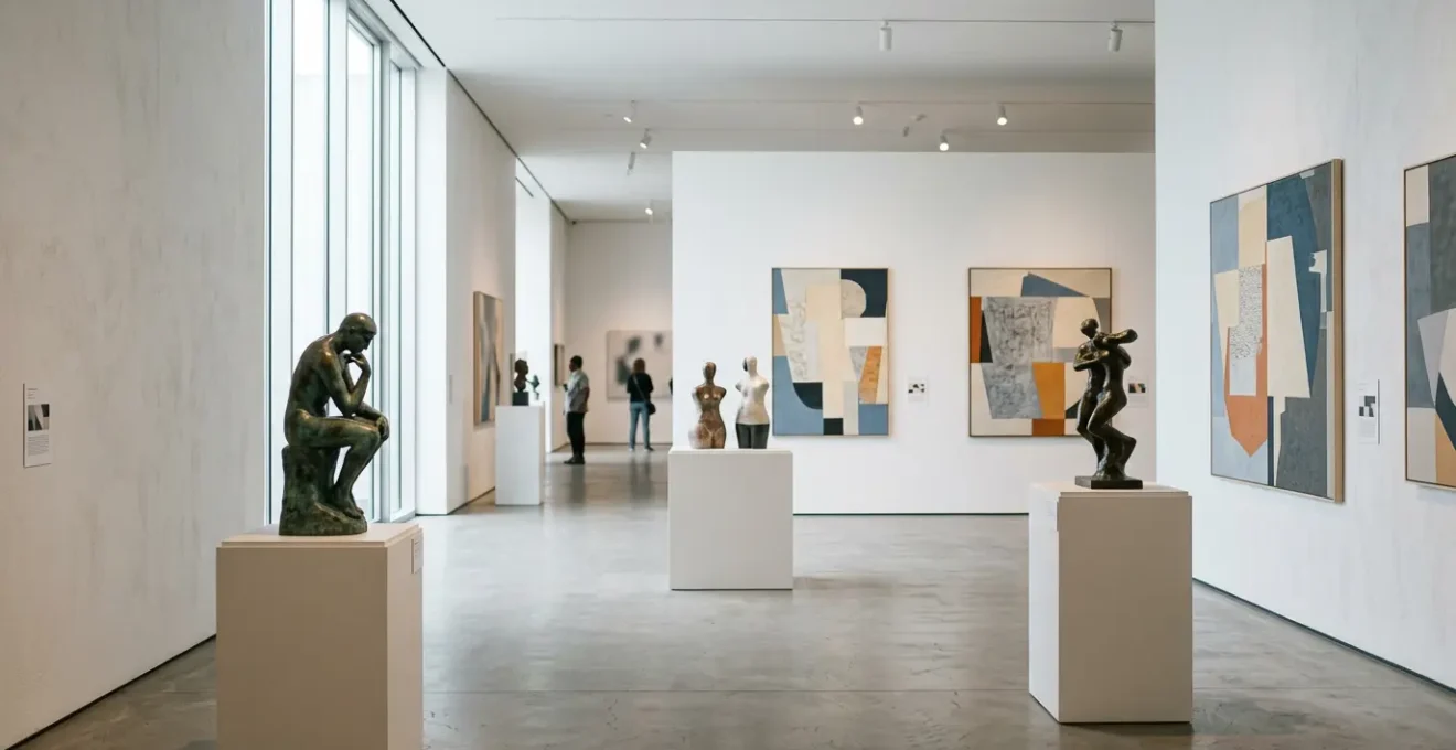 Contemporary art gallery interior showing figurative and abstract artworks coexisting in harmony