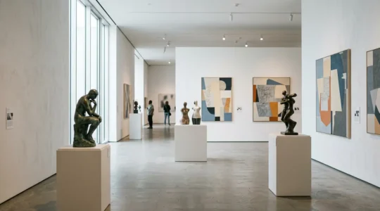 Contemporary art gallery interior showing figurative and abstract artworks coexisting in harmony