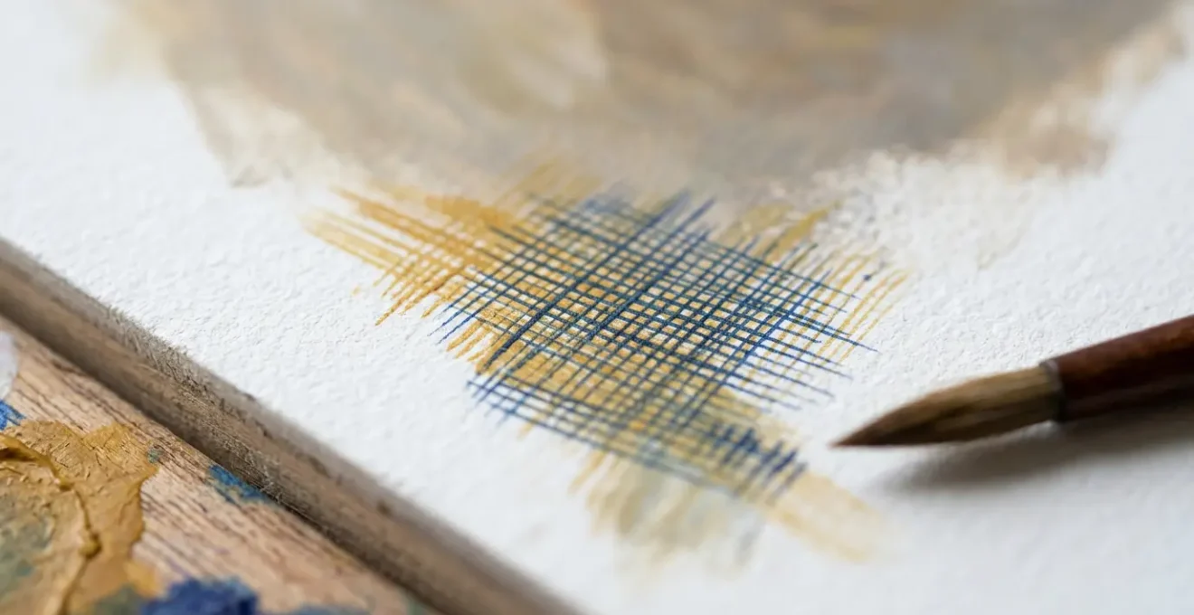 Close-up view of delicate egg tempera painting technique showing fine linear brushwork and cross-hatched layers on brilliant white gesso ground