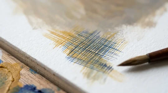 Close-up view of delicate egg tempera painting technique showing fine linear brushwork and cross-hatched layers on brilliant white gesso ground