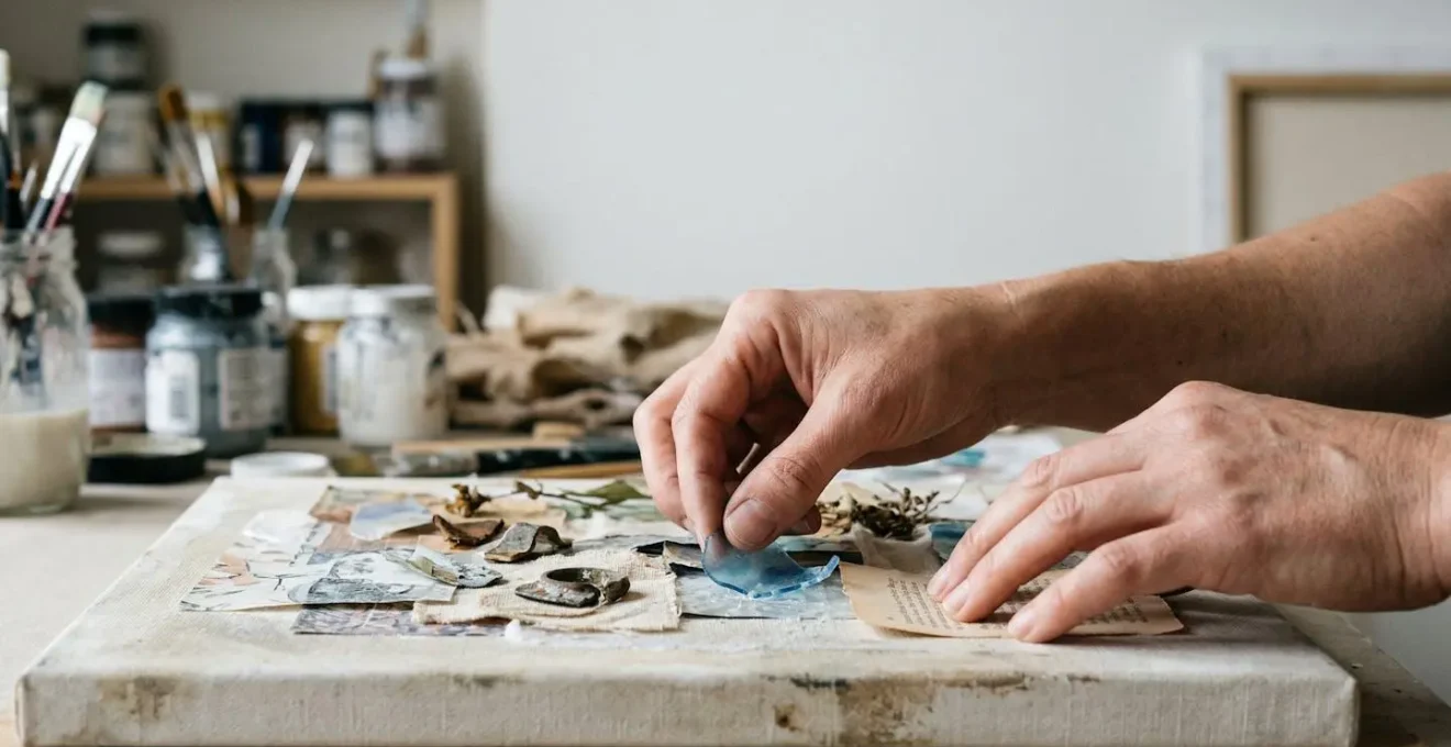 Artist's hands carefully layering unconventional materials onto canvas in a modern studio workspace