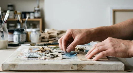 Artist's hands carefully layering unconventional materials onto canvas in a modern studio workspace