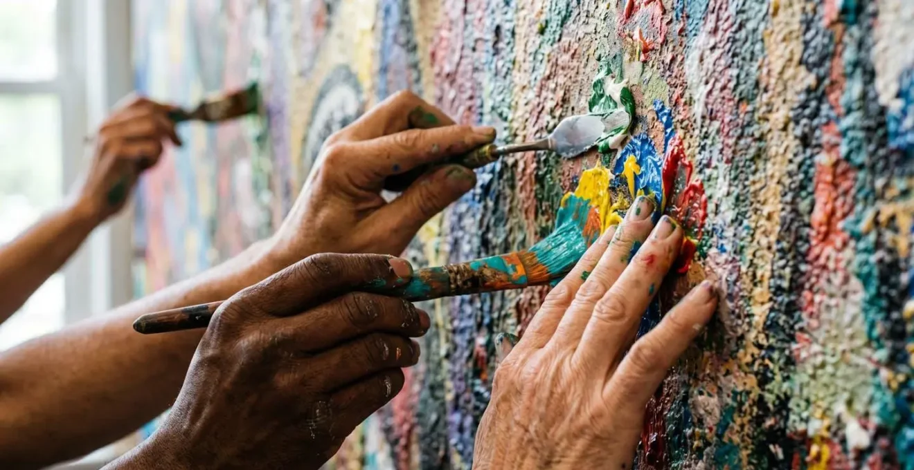 Multiple hands from diverse community members collaboratively adding brushstrokes to an interactive mural installation, demonstrating collective art-making and shared ownership