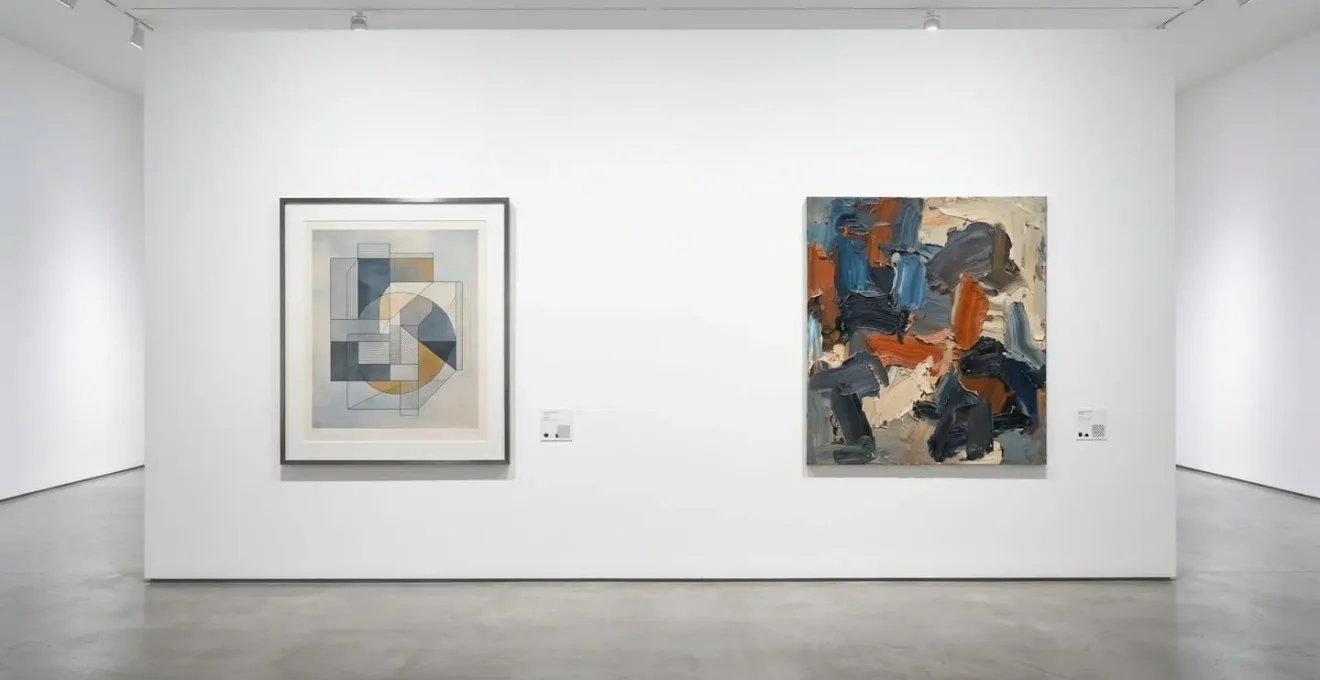 Limited edition print and original canvas side by side in gallery lighting