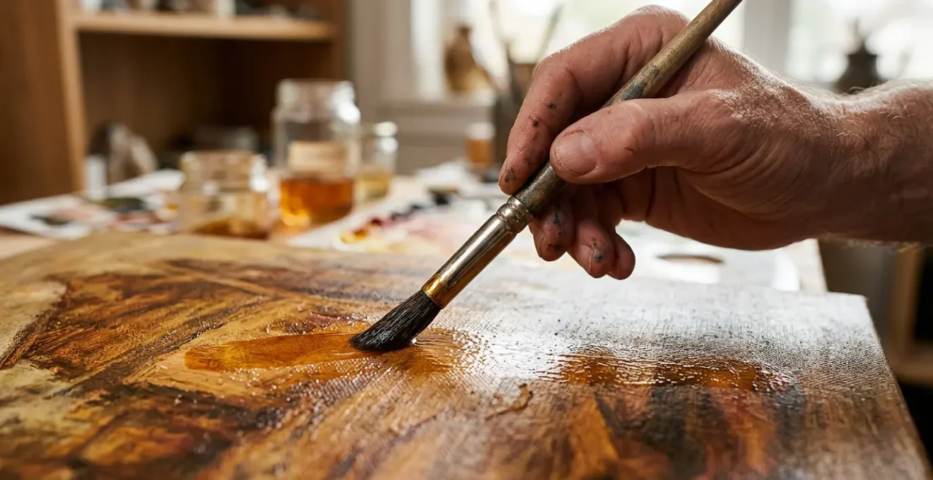 Editorial photograph of oil painting glazing technique showing translucent color layers creating depth