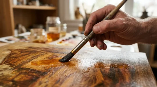 Editorial photograph of oil painting glazing technique showing translucent color layers creating depth