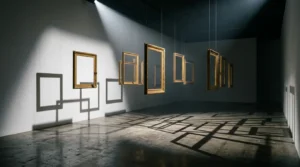 Contemplative scene exploring the invisible forces that determine artistic value and cultural legacy in the art world