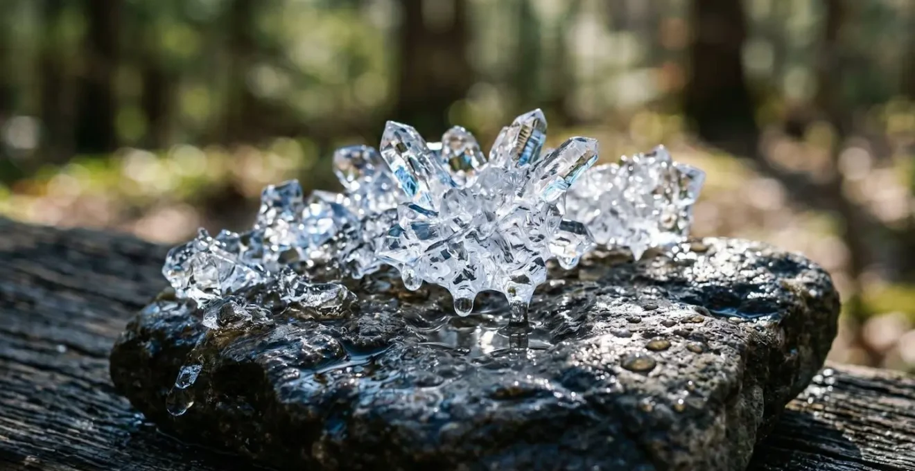 Detailed macro view of melting ice crystals and water droplets, symbolizing the transient nature of ephemeral art.
